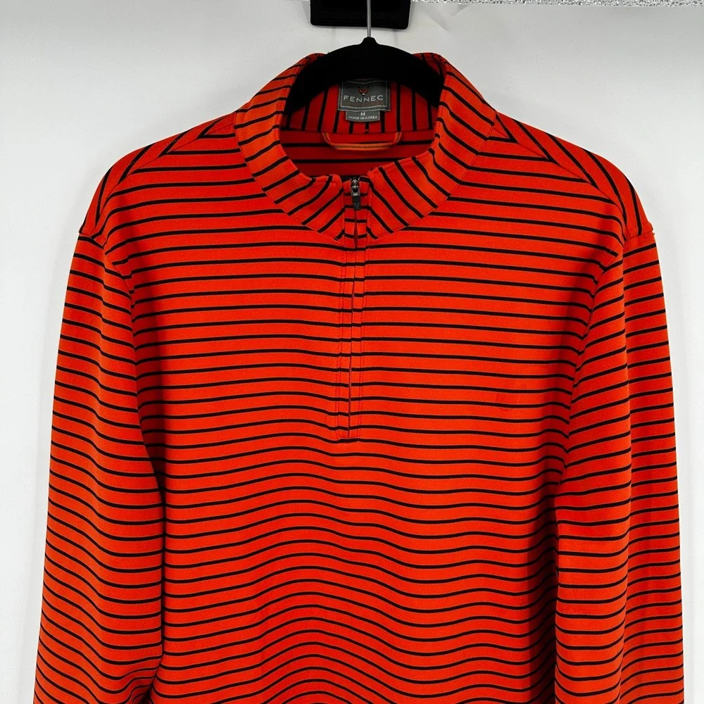 Fennec Mens Quarter Zip Pullover Orange Navy Striped Golf Shirt Size Medium
